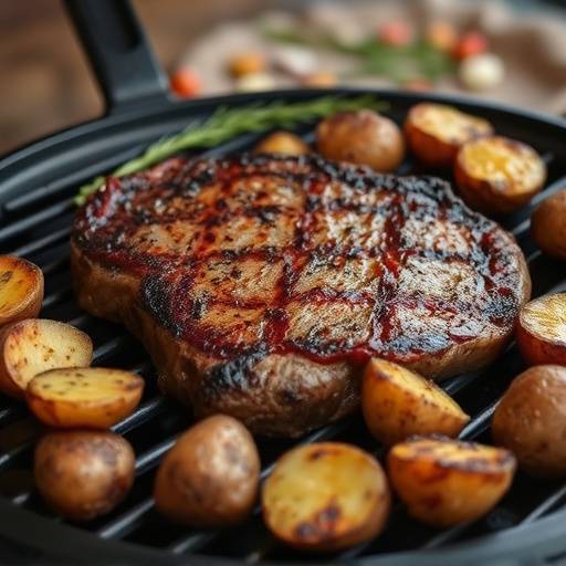 Bistecca alla fiorentina su una griglia, con contorno di patate arrosto.