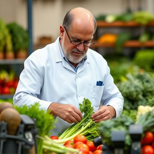 Foto di Antonio Verdi, nutrizionista, in camice bianco, che esamina un piatto di verdure fresche con un'espressione concentrata.