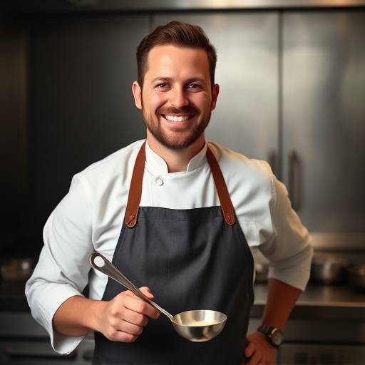 Foto di Marco Rossi, chef esecutivo di Ricette Squisite, in posa sorridente con un grembiule da cucina e un mestolo in mano.