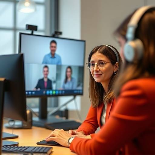 Francesca Neri, responsabile marketing, seduta alla scrivania con un computer portatile, impegnata in una videoconferenza con un collega.