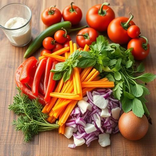 ingredienti freschi e colorati disposti su un tavolo di legno