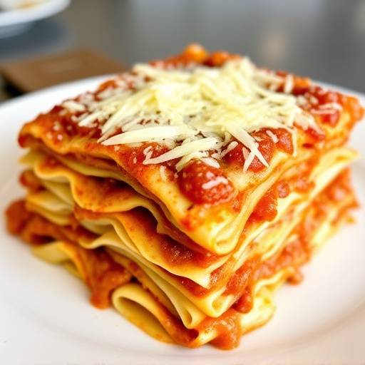 Piatto di lasagne al forno, con strati di pasta, rag&radic;&pi;, besciamella e parmigiano