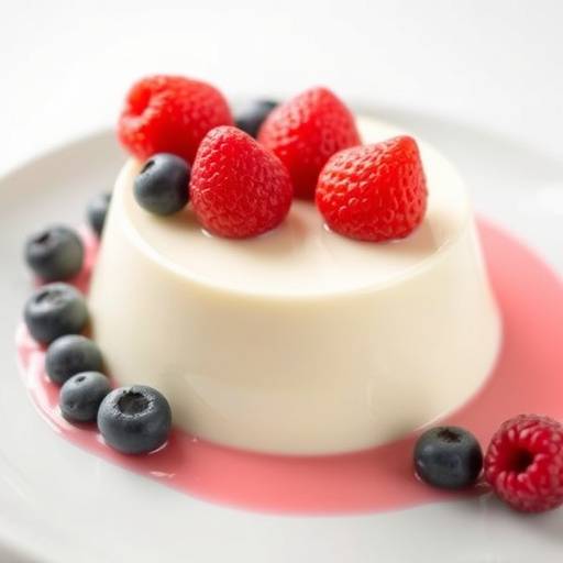 Piatto di panna cotta, guarnita con frutti di bosco freschi