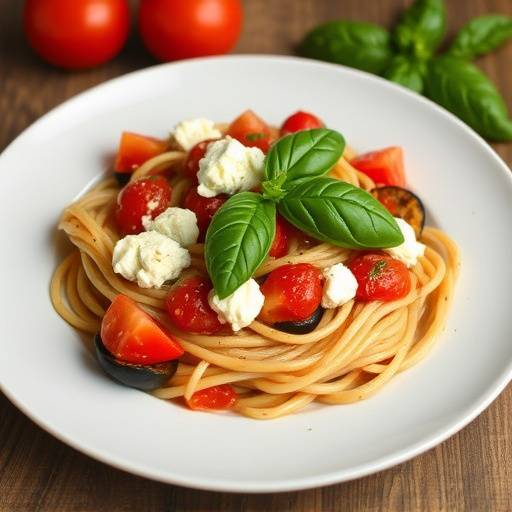Piatto di pasta alla norma, condita con pomodoro, melanzane fritte, ricotta salata e basilico.