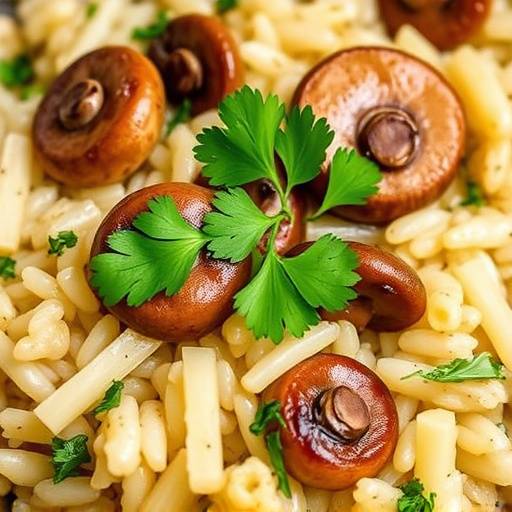 Piatto di risotto ai funghi porcini, guarnito con prezzemolo fresco