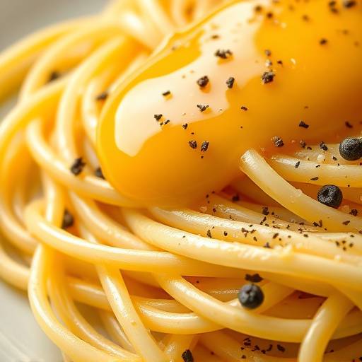Piatto di spaghetti alla carbonara, guarnito con pepe nero e tuorlo d'uovo
