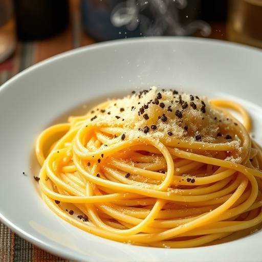 Piatto fumante di spaghetti alla carbonara, guarniti con parmigiano grattugiato e pepe nero, presentati su un piatto bianco rustico.