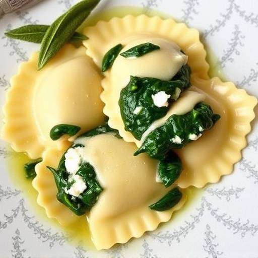 Primo piano di un piatto di ravioli ripieni di ricotta e spinaci, conditi con burro e salvia.