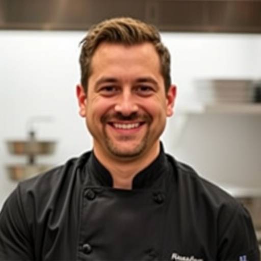 Ritratto dello chef Alessandro Rossi, sorridente e con indosso la sua divisa da cuoco, in una cucina professionale.