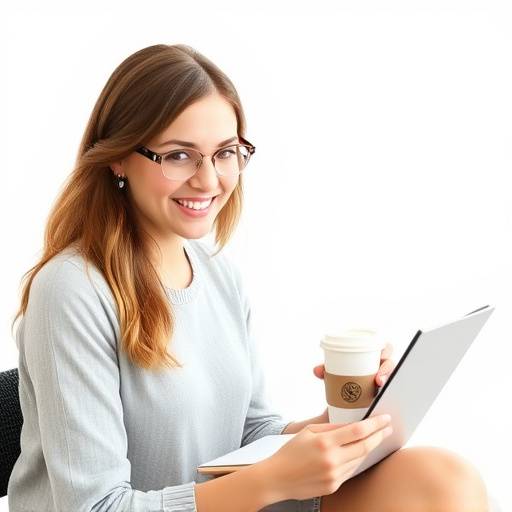 Ritratto di Giulia Bianchi, food blogger e autrice, seduta a un tavolo con una tazza di caff&radic;&reg; e un quaderno, sorridendo alla fotocamera.