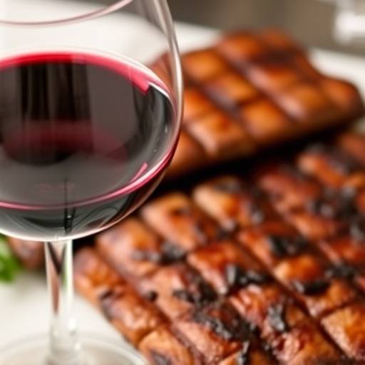 Un bicchiere di vino Chianti Classico, con l'etichetta ben visibile, accanto a un piatto di carne alla griglia.