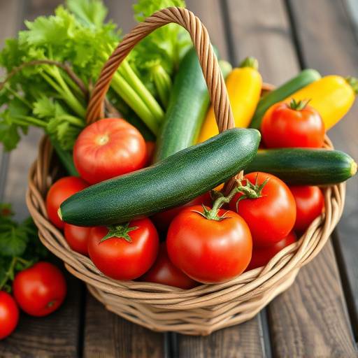 Un cesto di verdure fresche di stagione, tra cui pomodori, zucchine, melanzane e peperoni, disposte su un tavolo di legno.
