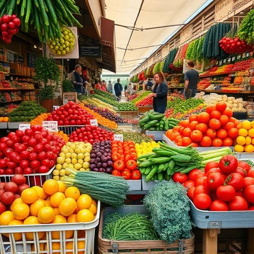 Un mercato italiano pieno di frutta e verdura fresca, con colori vivaci e profumi intensi.