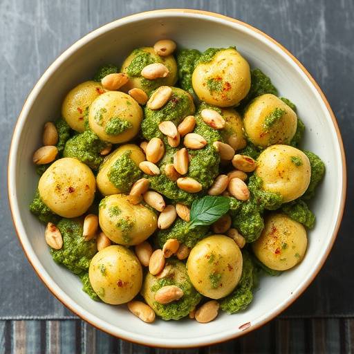 Un piatto di Gnocchi al Pesto, guarnito con pinoli tostati.