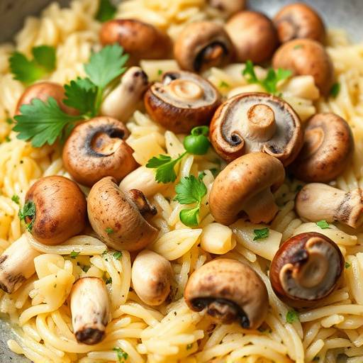 Un primo piano di una padella con risotto ai funghi in cottura, con funghi porcini freschi e prezzemolo tritato.