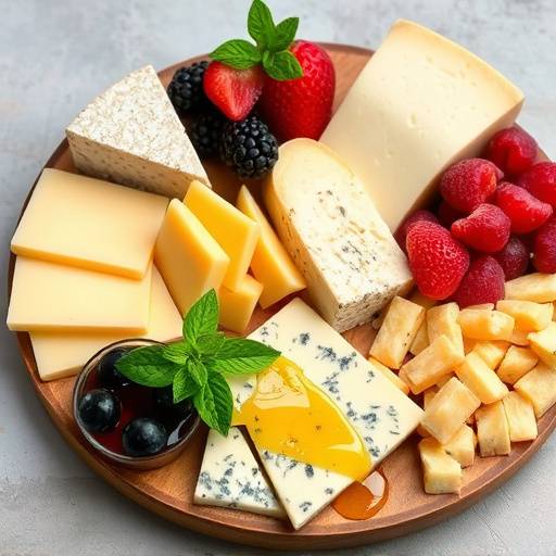 Un tagliere di formaggi italiani assortiti, tra cui pecorino, parmigiano, gorgonzola e provolone, accompagnati da frutta fresca e miele.