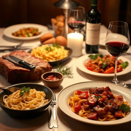 Un tavolo imbandito con una cena italiana, con piatti di pasta, carne, verdure e vino.