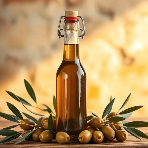 Una bottiglia di olio extravergine d'oliva con olive