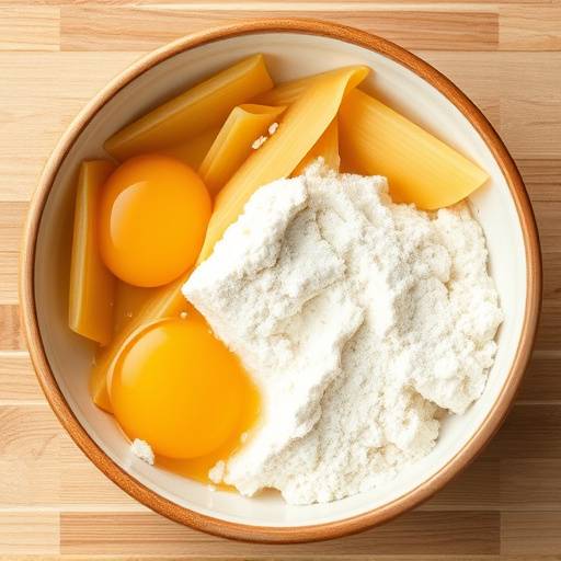 Una ciotola di pasta fresca fatta in casa, pronta per essere cucinata, con uova e farina ben amalgamate.