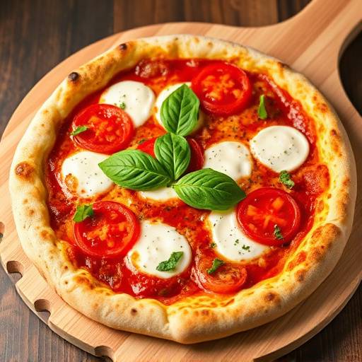Una pizza margherita appena sfornata, con pomodoro fresco, mozzarella filante e basilico, presentata su una pala di legno.
