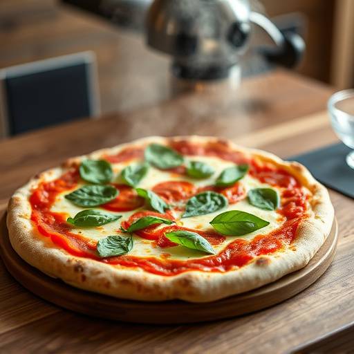 Una pizza margherita fumante, con basilico fresco e pomodoro