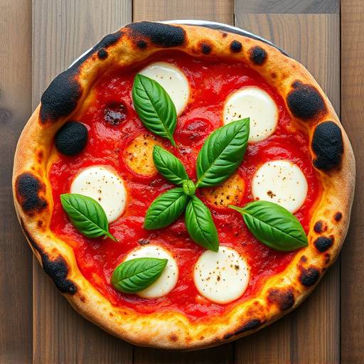 Una pizza napoletana appena sfornata, con cornicione alto e bruciacchiato, condita con pomodoro, mozzarella e basilico.