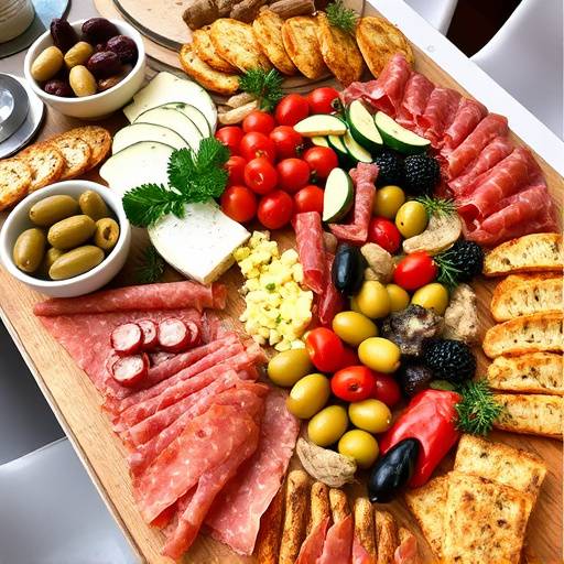 Una tavola imbandita con antipasti misti italiani, tra cui olive, salumi, formaggi e crostini.