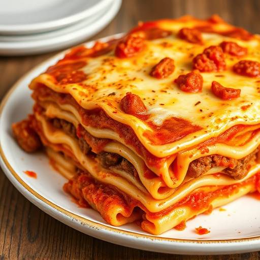 Una teglia di lasagne al forno con strati di pasta, rag&radic;&pi; di carne, besciamella e parmigiano gratinato, presentata su un tavolo di legno rustico.