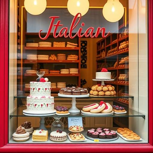 Una vetrina di una pasticceria italiana, con torte, pasticcini e biscotti di ogni tipo.